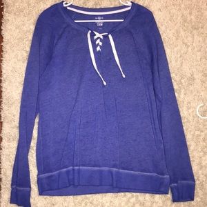Blue, cross tie sweater shirt